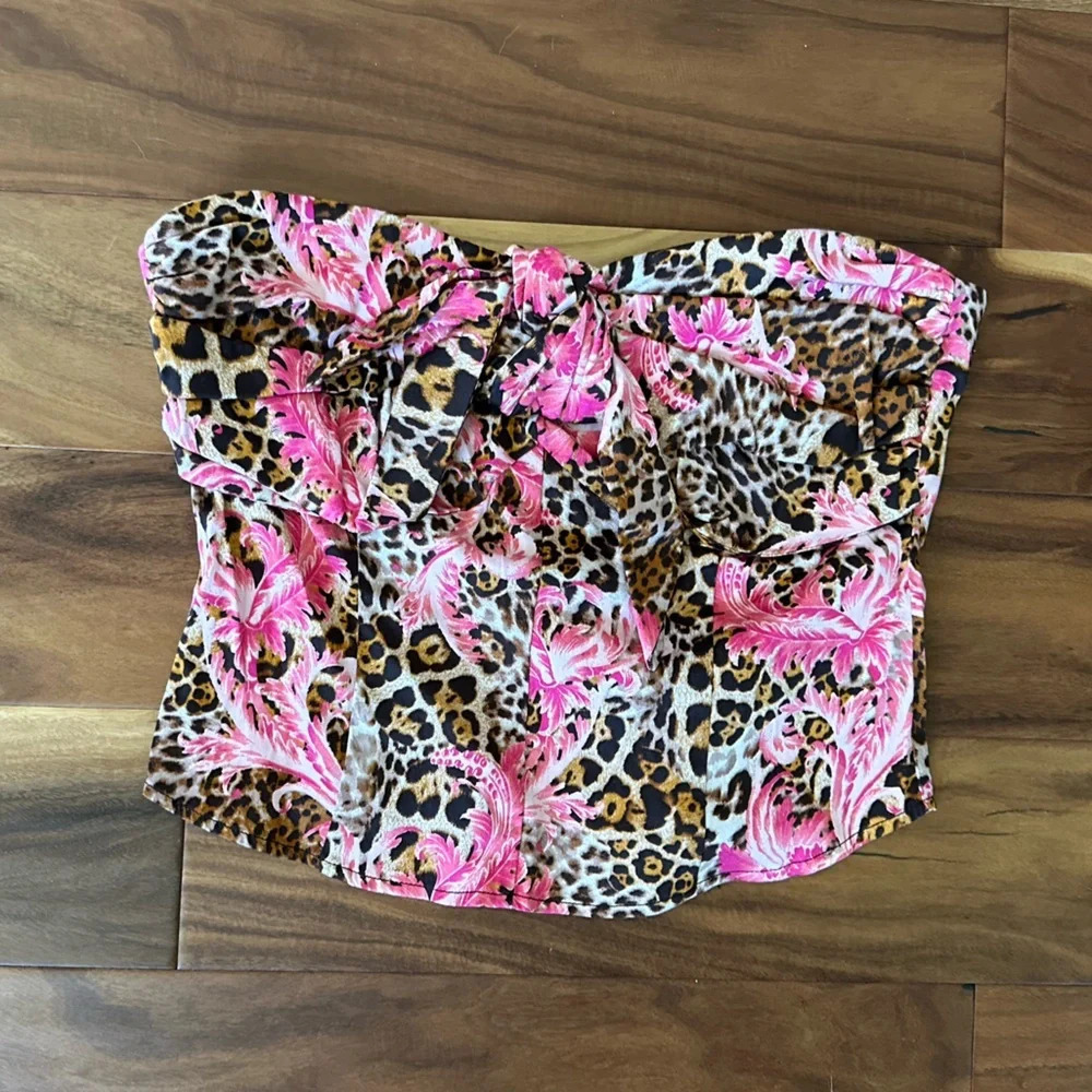 New York & Company Pink Floral Leopard Print Zip-Up Crop Top size Small